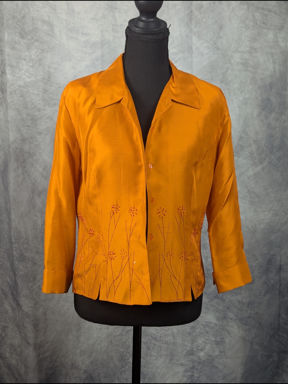 Ice Orange Silk Button-Up Blazer with Embroidered Floral Detail